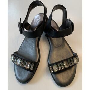 9M E Collection Women's Sandals "ES Diamond" Black Faux Leather Bejeweled Flat